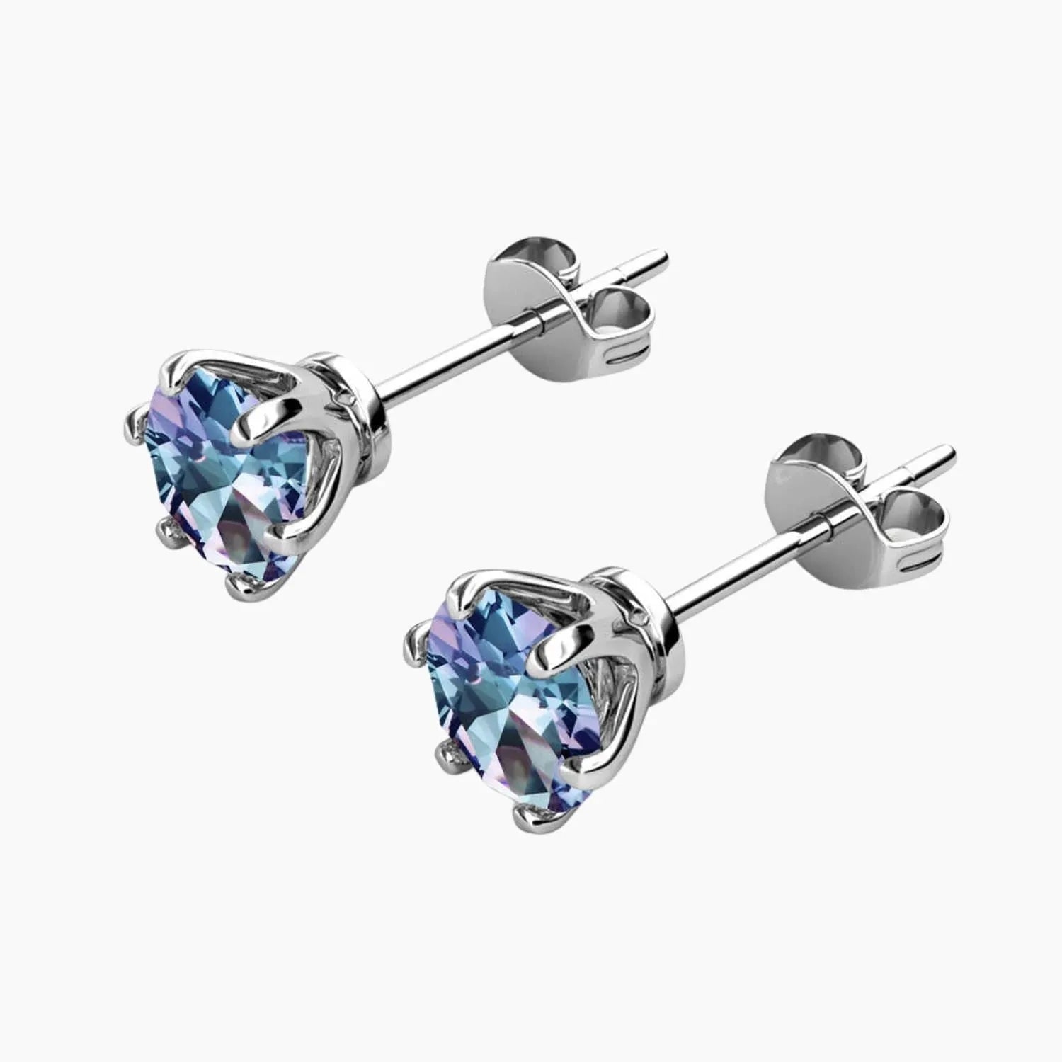 Side view of Alexandrite stud earrings with secure butterfly backings in rhodium-plated silver