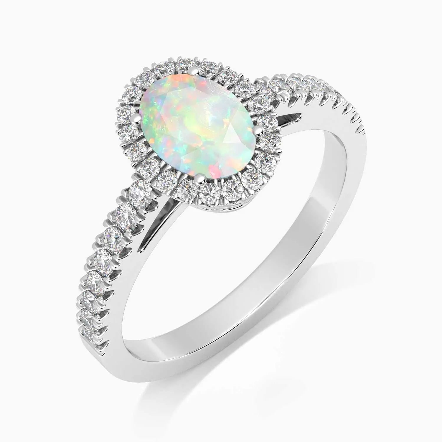 side view of oval white opal ring in silver