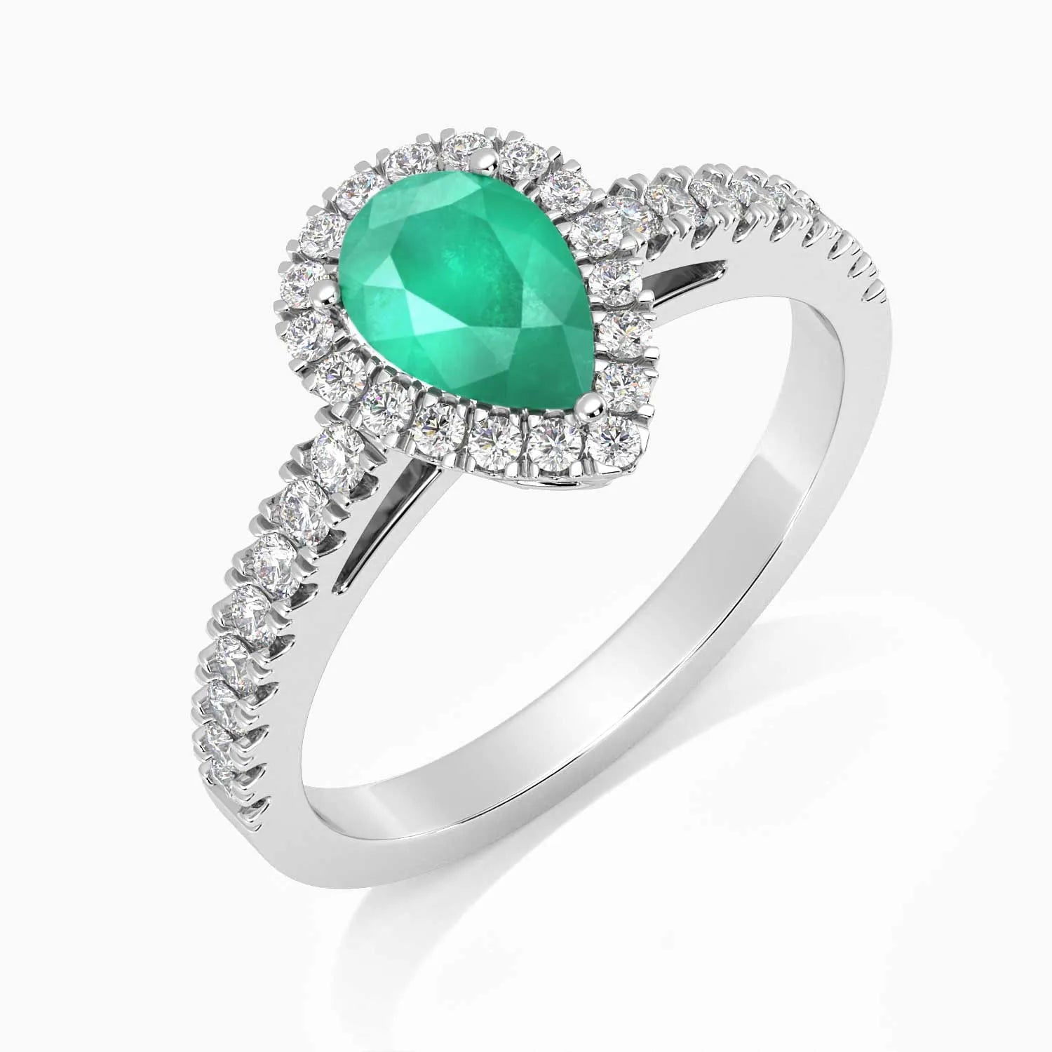 Angled view of the pear-cut emerald halo ring in rhodium-plated sterling silver, featuring a 5×7 mm center stone and a CZ halo.