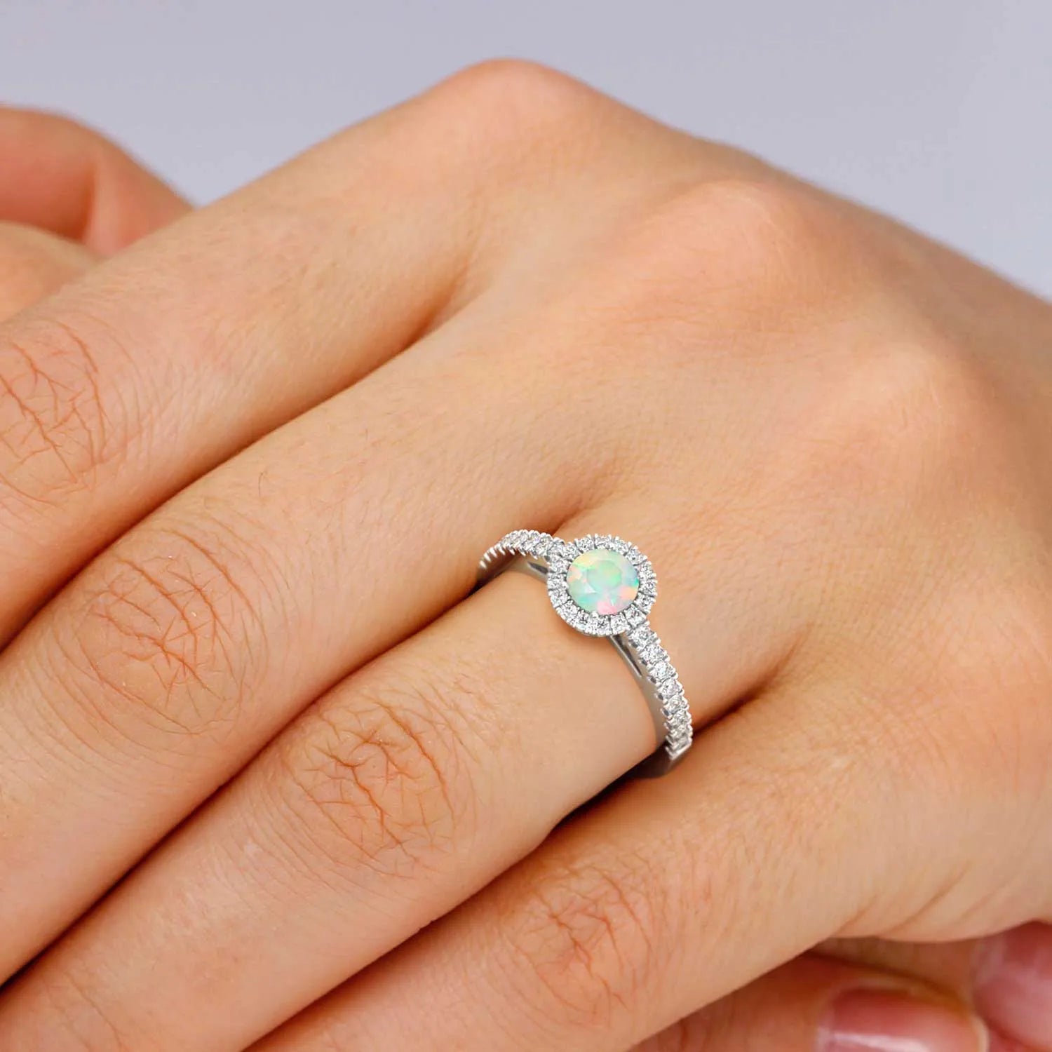 Classic Round Opal Halo Silver Opal Ring - Irosk Australia