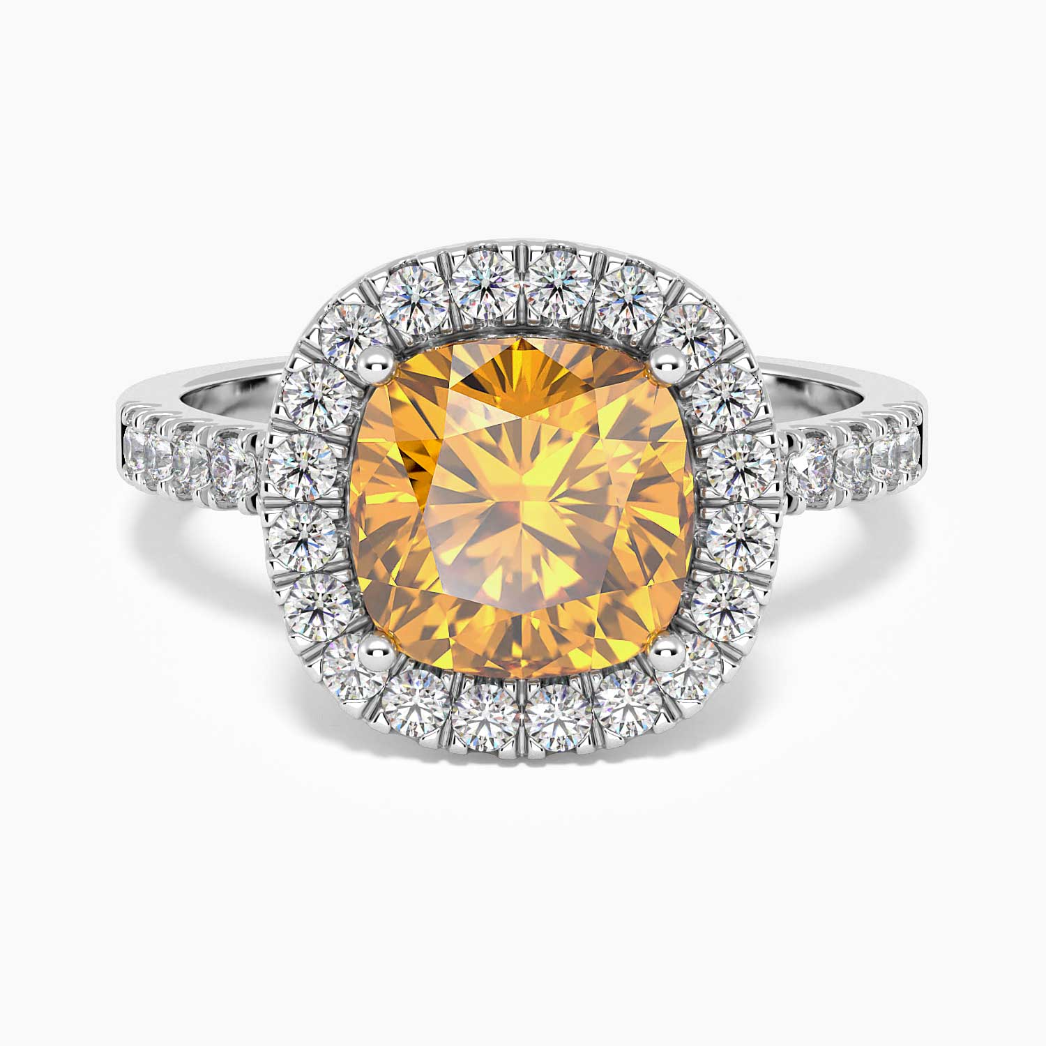 front view of citrine cushion cut halo ring