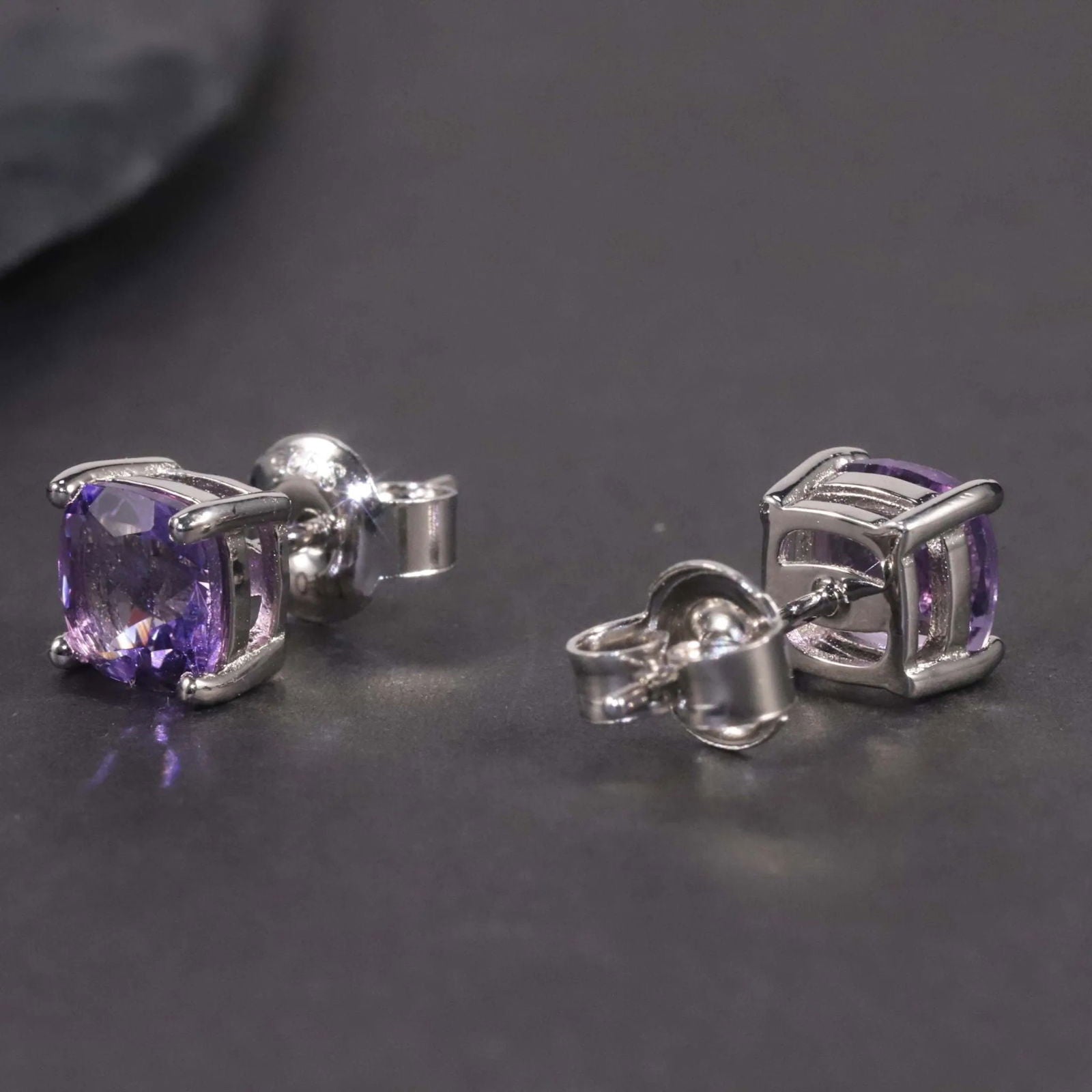 Cushion Cut Stud Earrings in Sterling Silver -  Amethyst - Irosk Australia