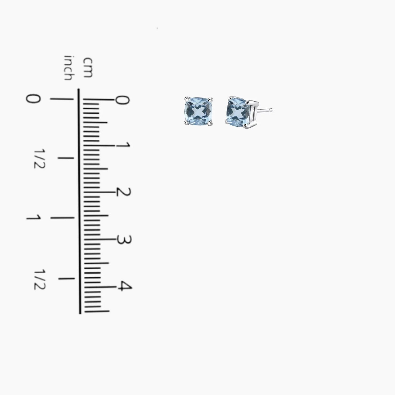 Size chart showing the 6×6 mm Aquamarine cushion-cut stud earrings.