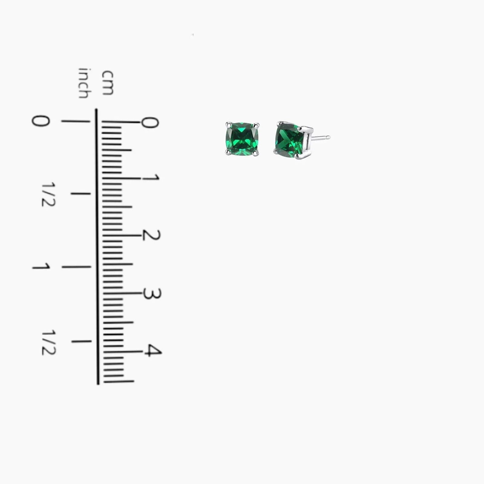 Diagram indicating the dimensions of the cushion-cut emerald stud earrings.
