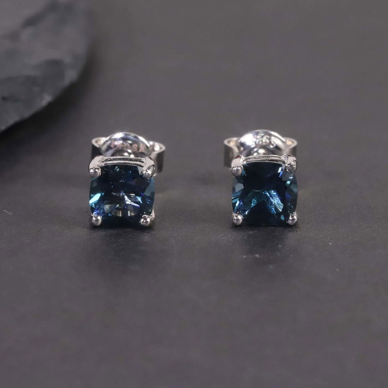 Elegant Cushion-Cut London Blue Topaz Earrings in Sterling Silver – Lifestyle View