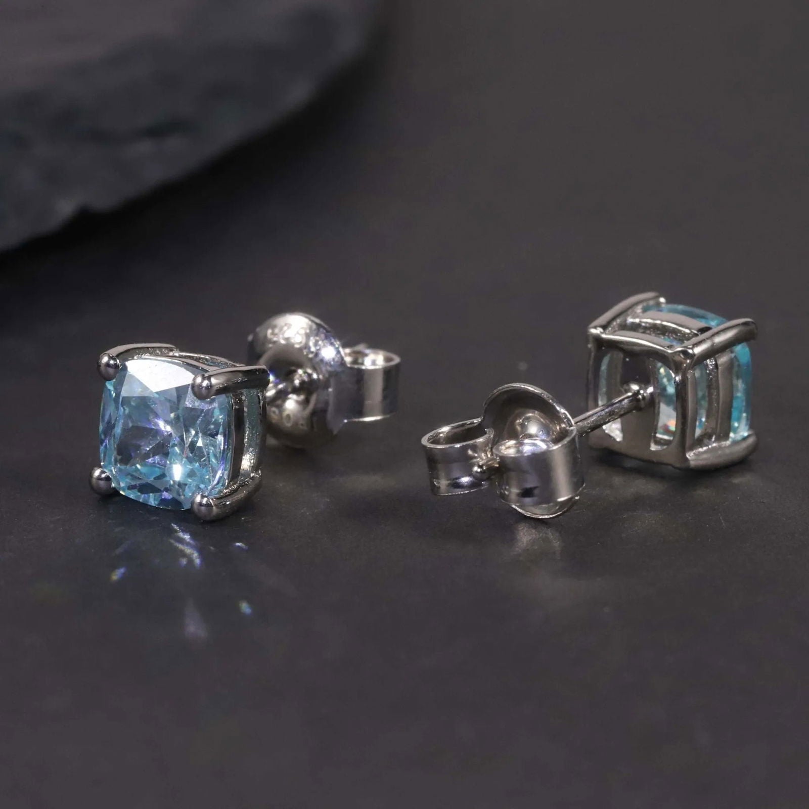 Cushion Cut Stud Earrings in Sterling Silver -  Swiss Blue Topaz - Irosk Australia
