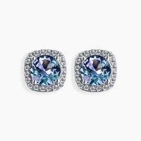 Front view of Alexandrite Halo Studs showcasing round-cut stones with square-shaped halos.