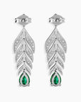 Backside view of the feather motif emerald drop earrings displayed side by side.