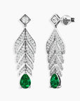 front and side view of the feather-inspired emerald drop earrings showing the clasp and metal finish.