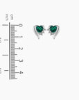 Measurement guide indicating the dimensions of the heart-shaped emerald stud earrings.
