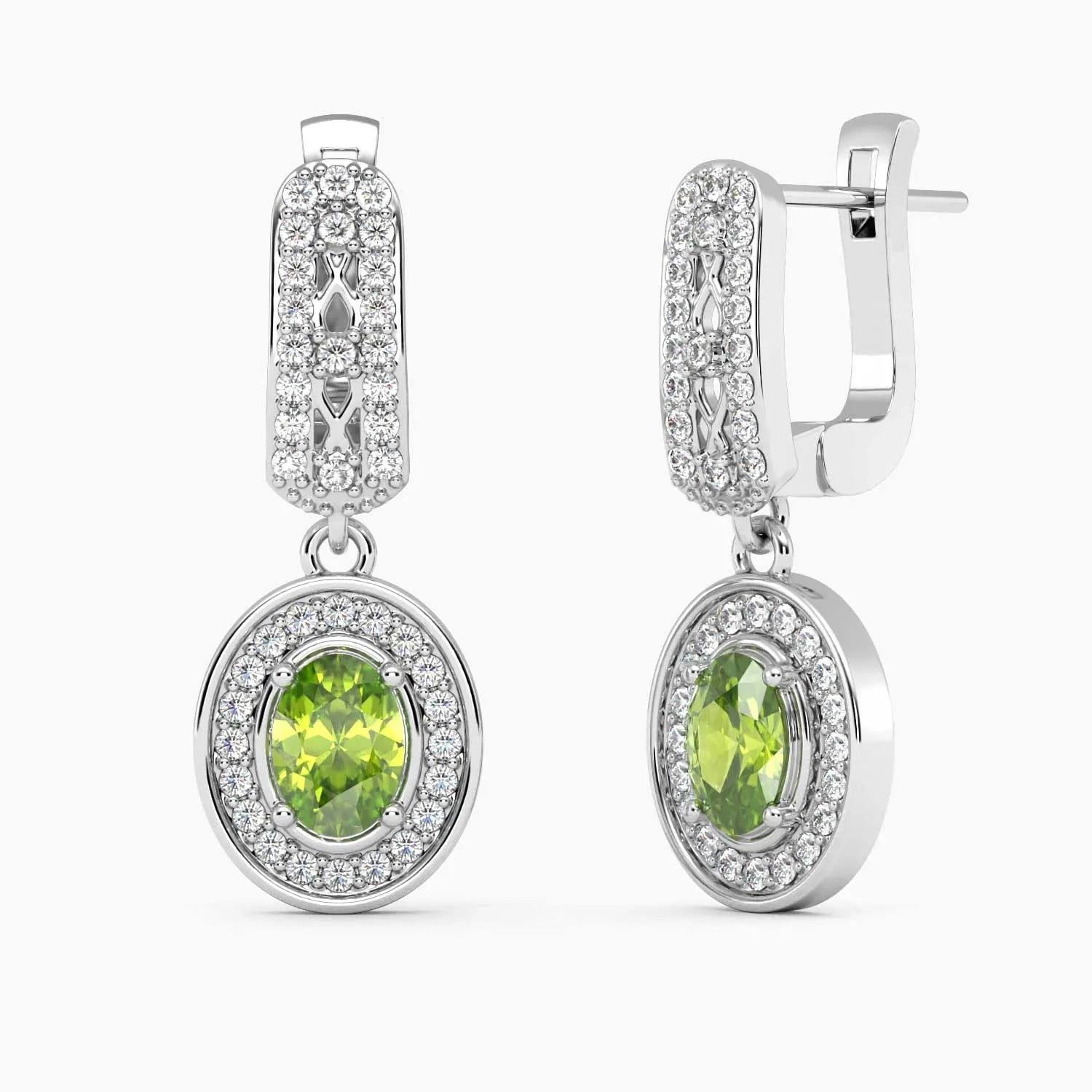 Close-up view of Peridot Drop Earrings in sterling silver with an oval-cut peridot gemstone, showcasing intricate stone detailing.