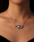 Evil Eye Necklace with Milky Blue Moonstone in Sterling Silver
