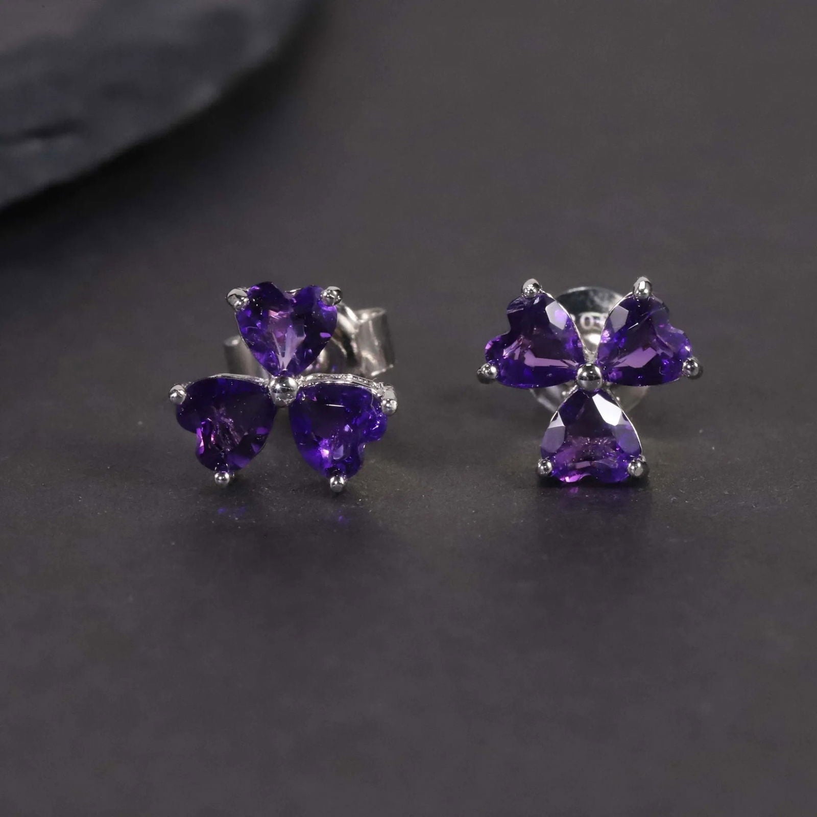 Flower Studs Earrings in Sterling Silver -  Amethyst - Irosk Australia