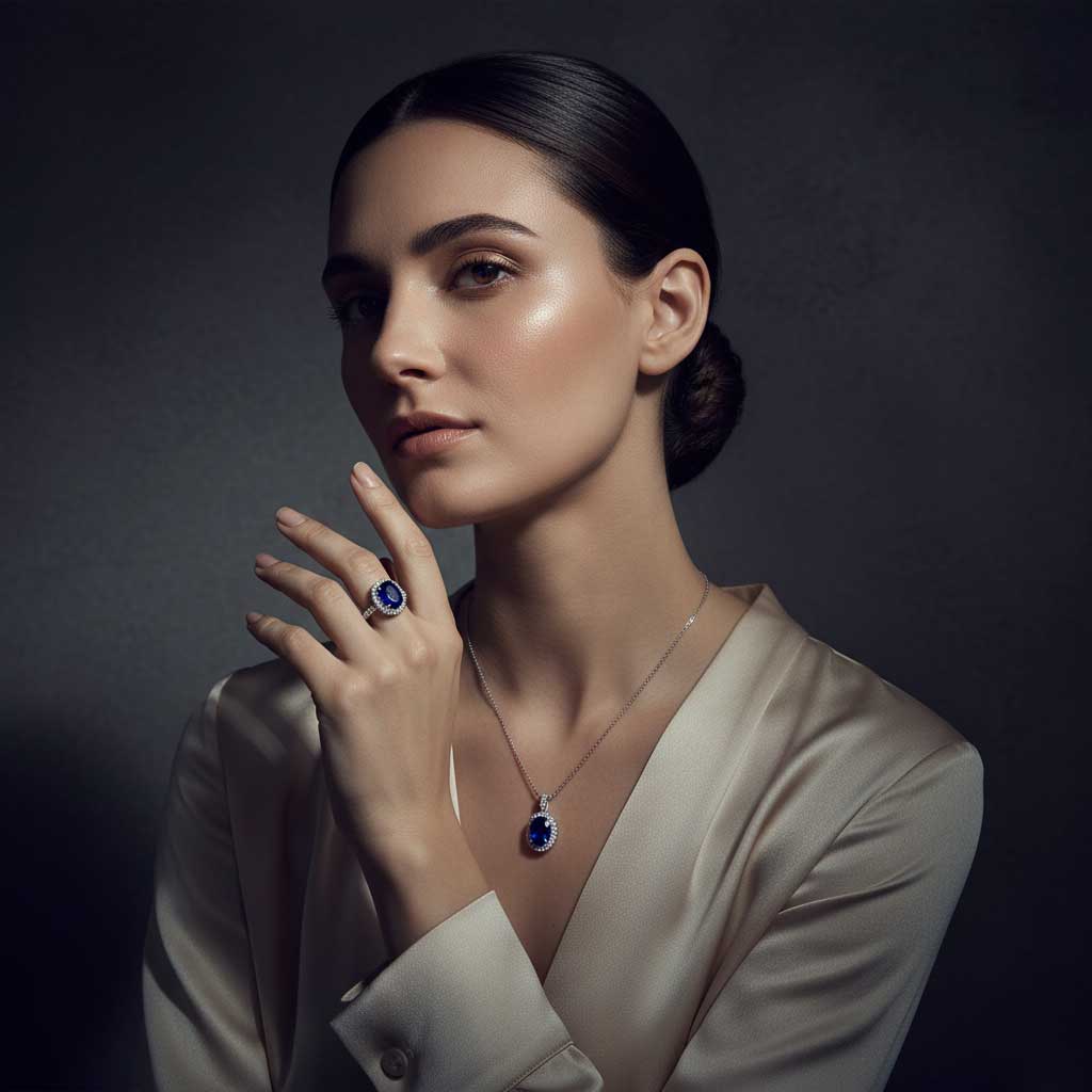 Woman wearing a irosk necklace and ring with blue gemstones against a dark background