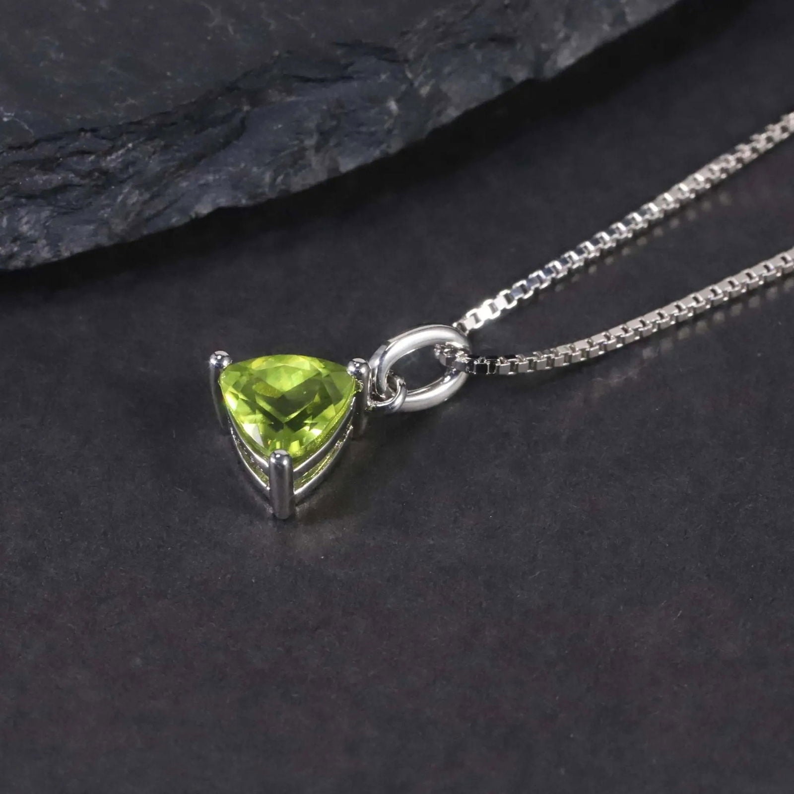 Trillion Cut Peridot Necklace in Sterling Silver with Box Chain