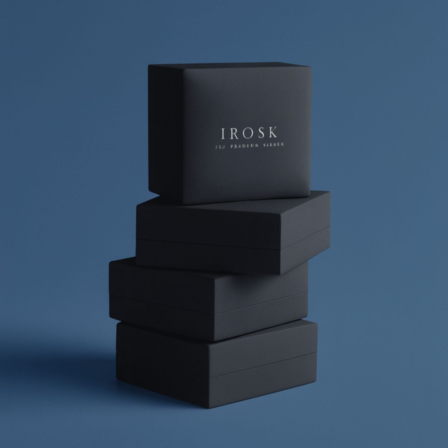 Stack of black irosk boxes with 'Irosk' branding on a blue background