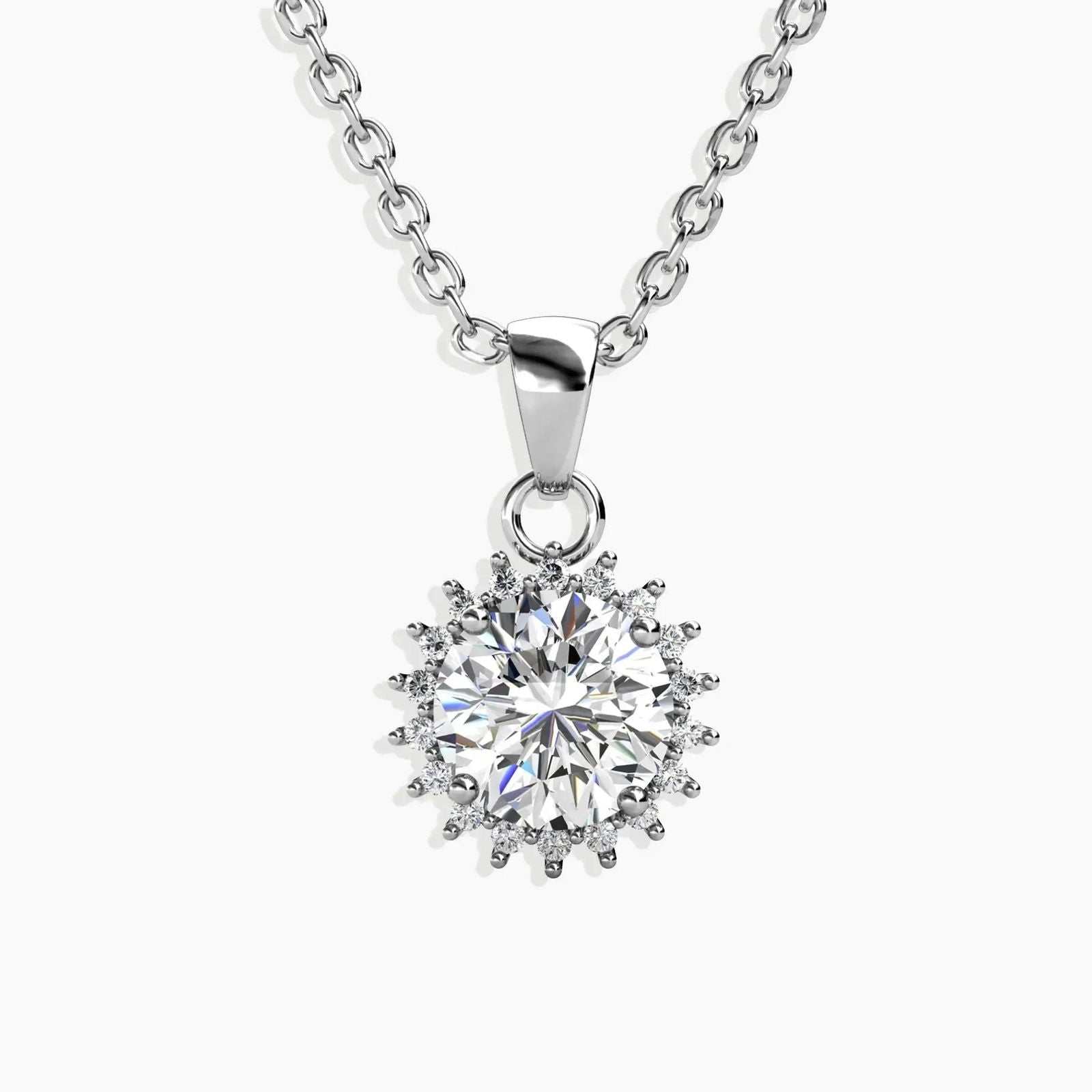 Moissanite 1ct Sunburst Pendant Necklace in sterling silver, displayed against a white background.