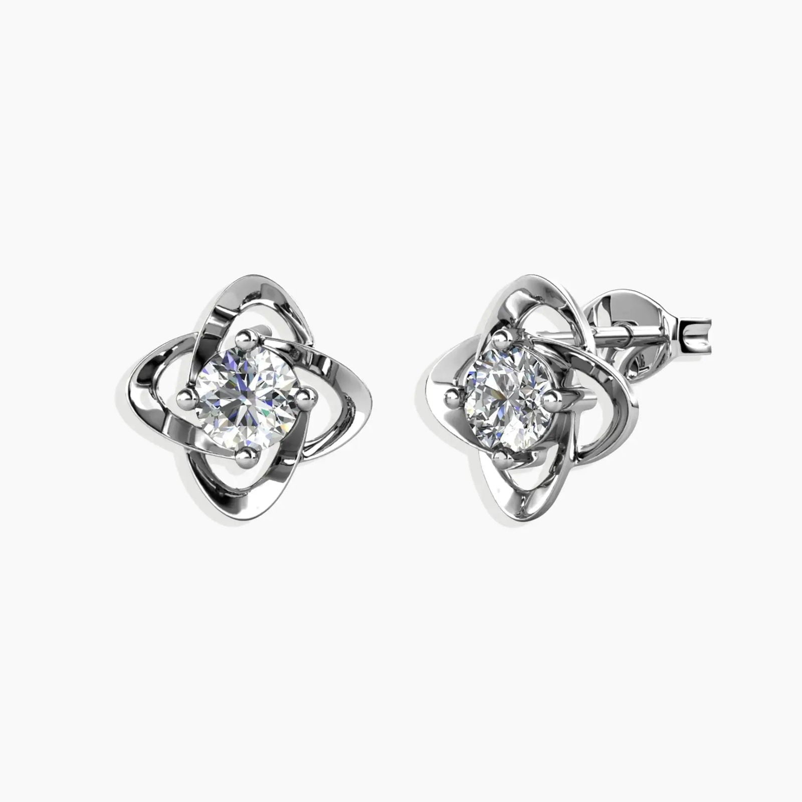 Close-up front view of the bond Stud Earrings, highlighting the round moissanite center and intricate silver setting.