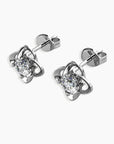 Side-angle shot of the Moissanite bond Stud Earrings, showcasing their three-dimensional design and rhodium-plated sterling silver finish.