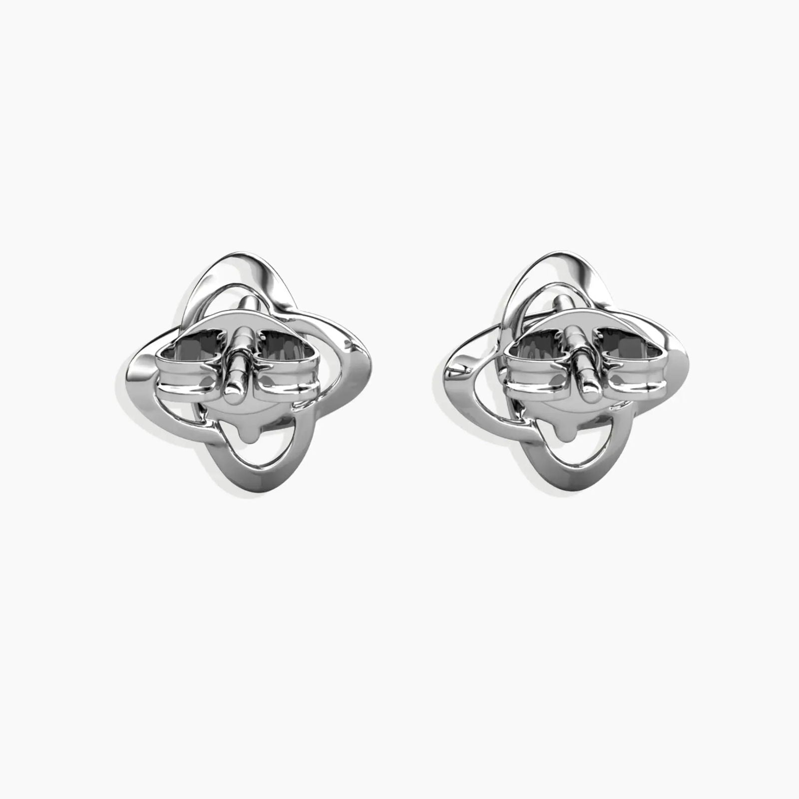 Alternate-angle shot of the Moissanite bond Stud Earrings, showcasing their three-dimensional design and rhodium-plated sterling silver finish.