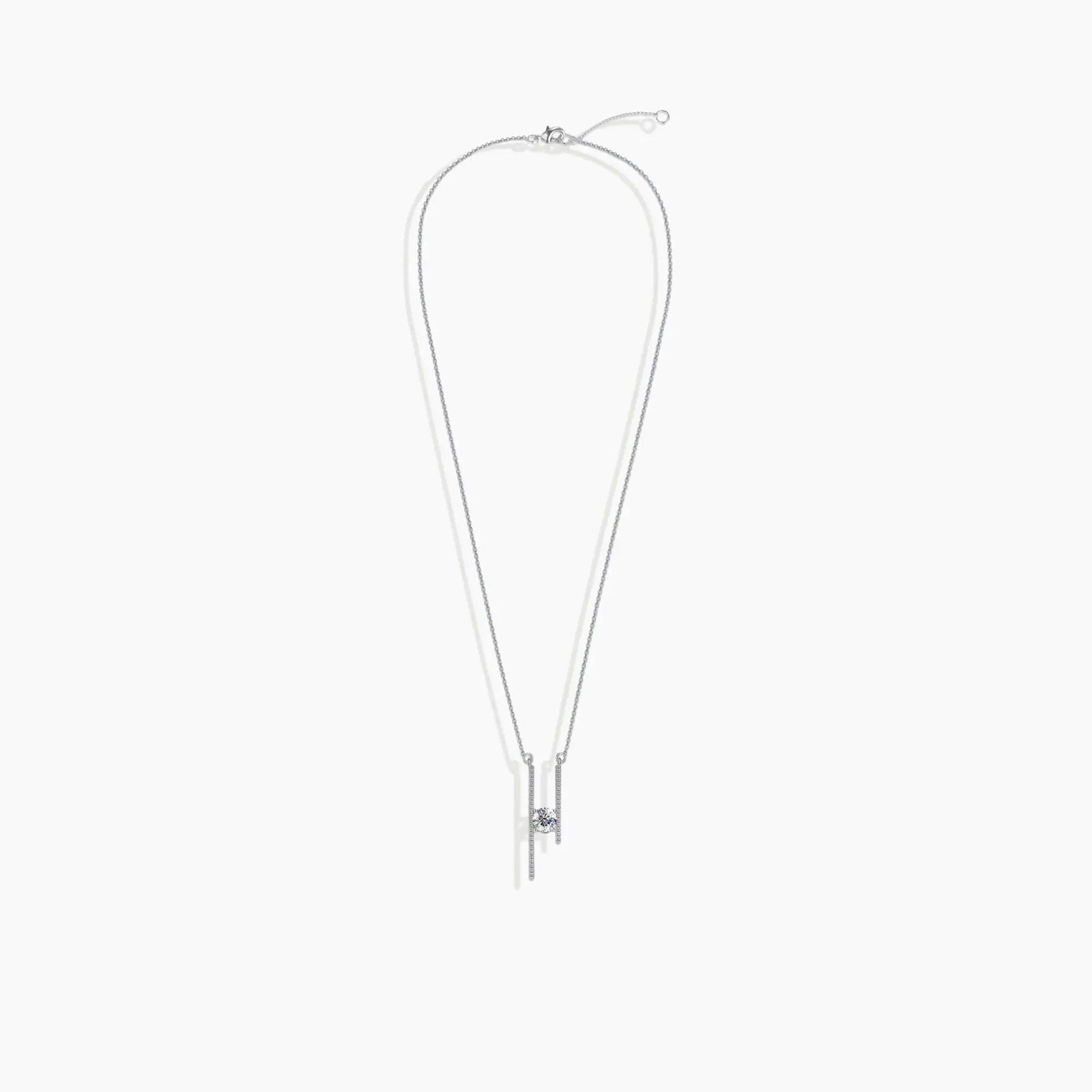 Trace chain with the Moissanite Parallel Bars Pendant attached, showing the secure bail and extender clasp.