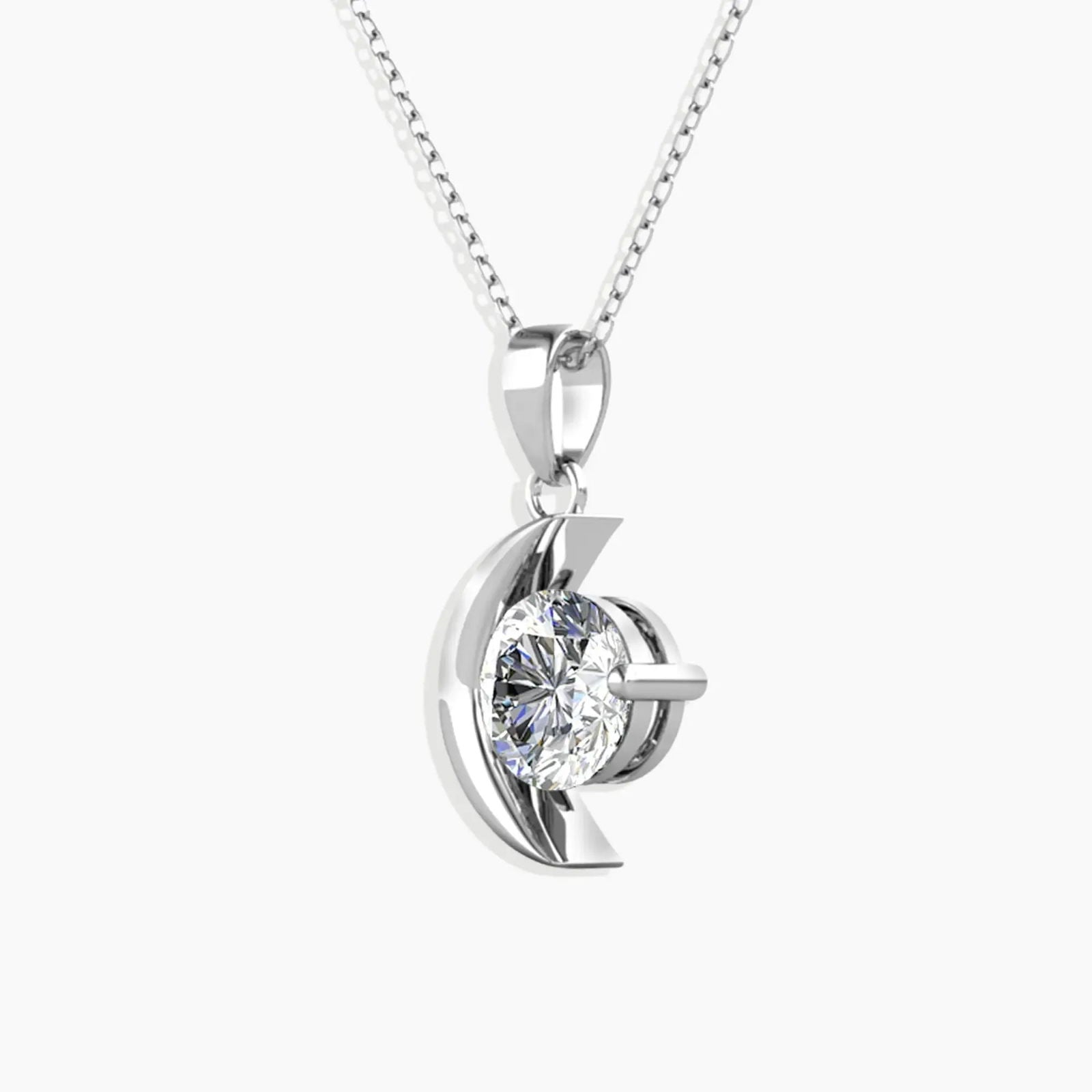 Front view of the Moissanite Crescent Moon Pendant, highlighting the 6.5 mm center stone and polished silver crescent shape.