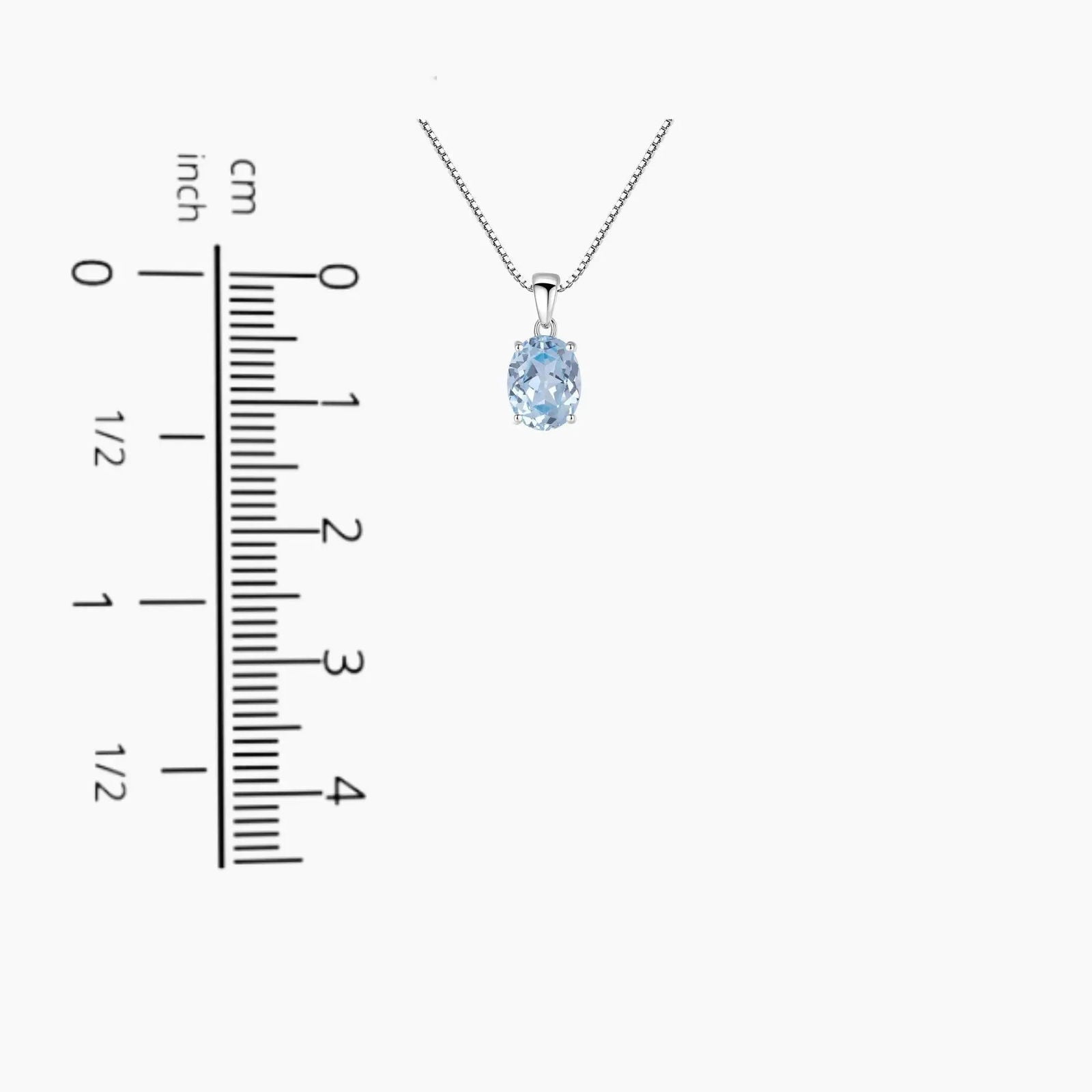 Graphic showing the aquamarine pendant’s height and width for size reference.