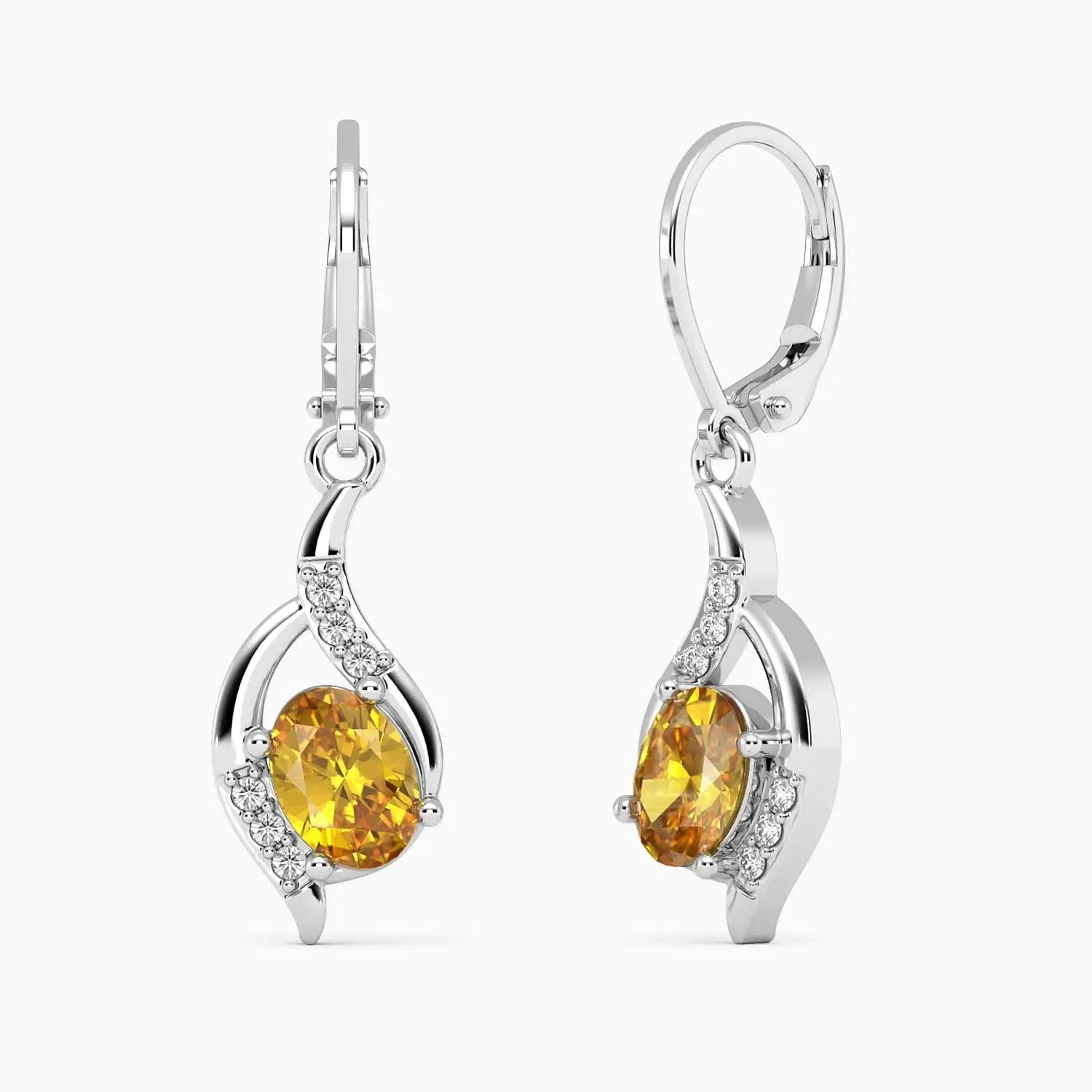 Oval Shape Citrine Gemstone Drop Earrings with Leverback in Sterling Silver