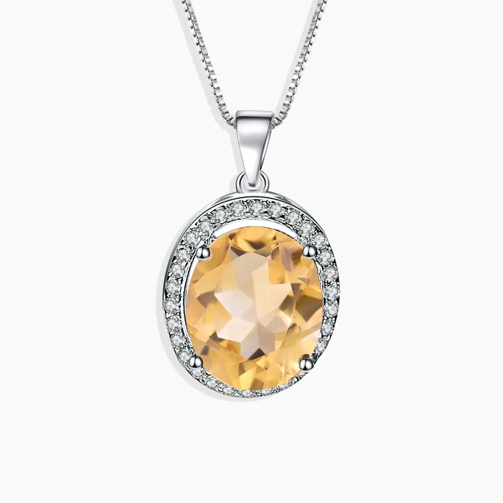Oval Shape Citrine Necklace with Halo in Sterling Silver