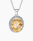 Oval Shape Citrine Necklace with Halo in Sterling Silver