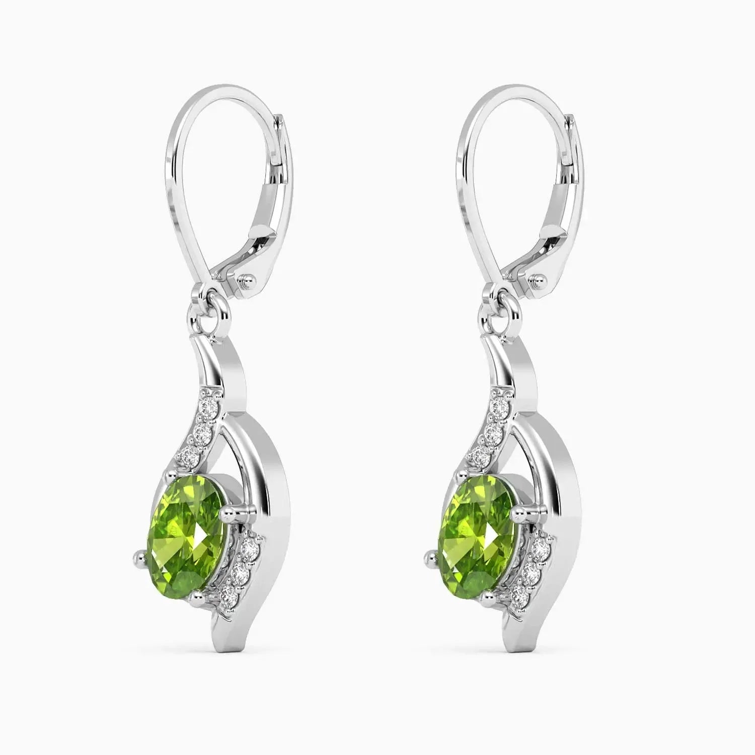 Oval Shape Peridot Dangling Leverback August birthstone earrings in silver