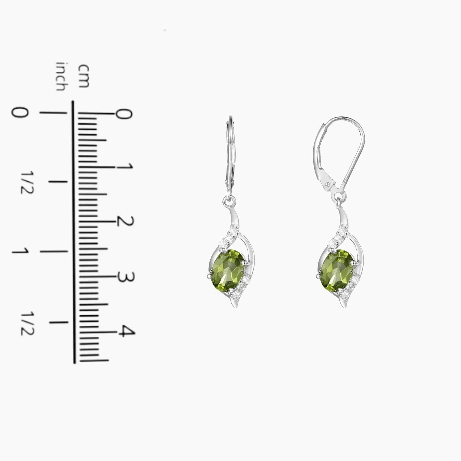 Peridot Leverback Dangling Earrings size comparison - 3.6 cm height and 0.9 cm width