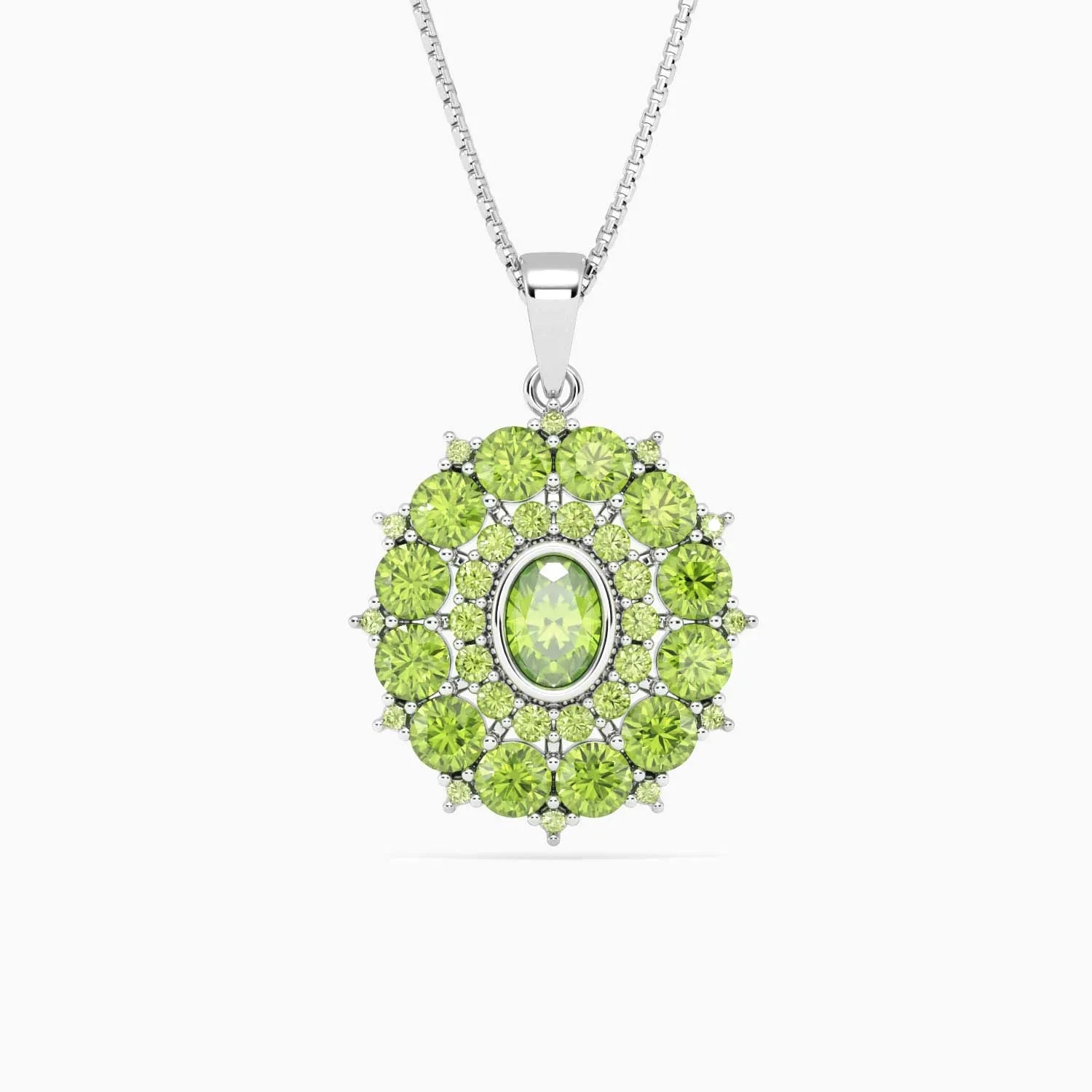 Peridot Cluster Green Necklace in Sterling Silver with Round Pendant
