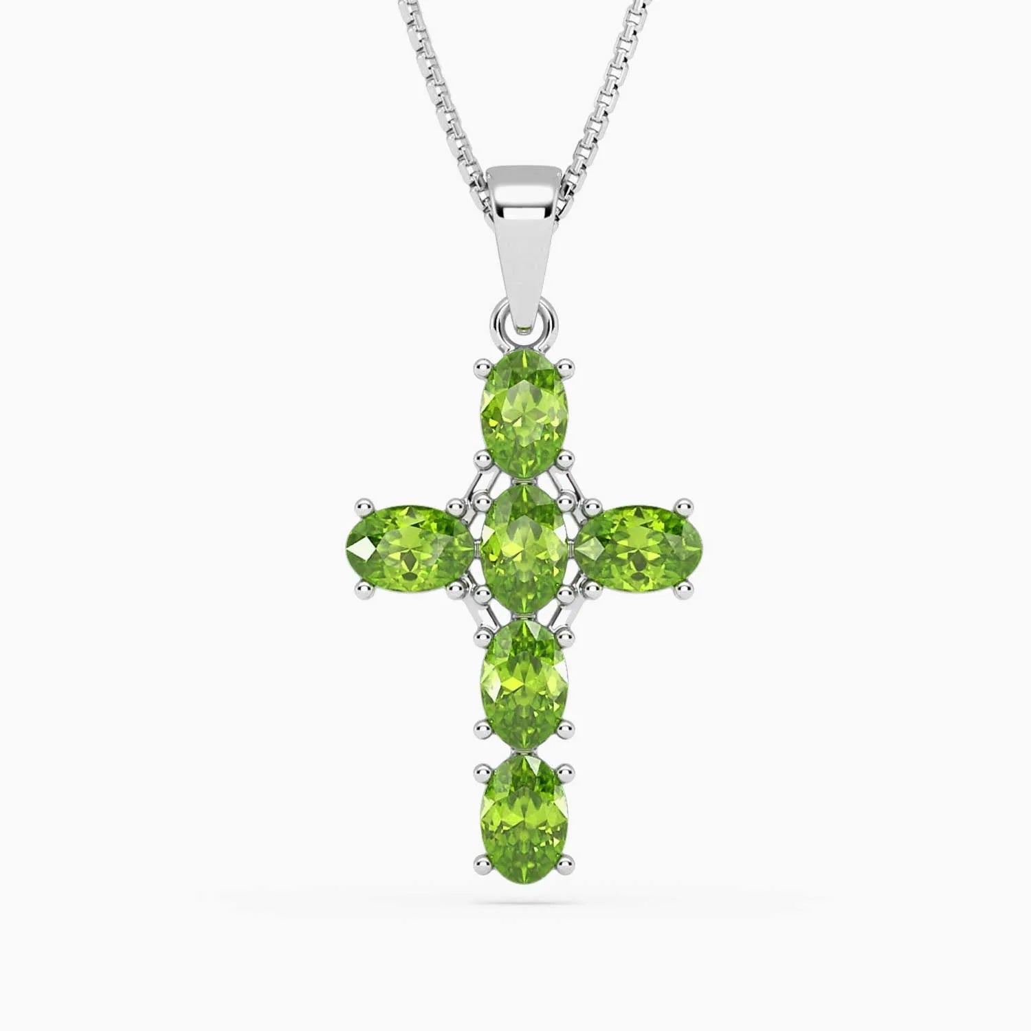 Silver Cross Necklace with Natural Peridot Gemstones in 925 Sterling Silver