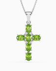 Silver Cross Necklace with Natural Peridot Gemstones in 925 Sterling Silver