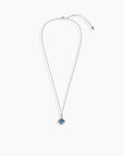 Full view of Alexandrite square halo necklace with extender chain laid flat