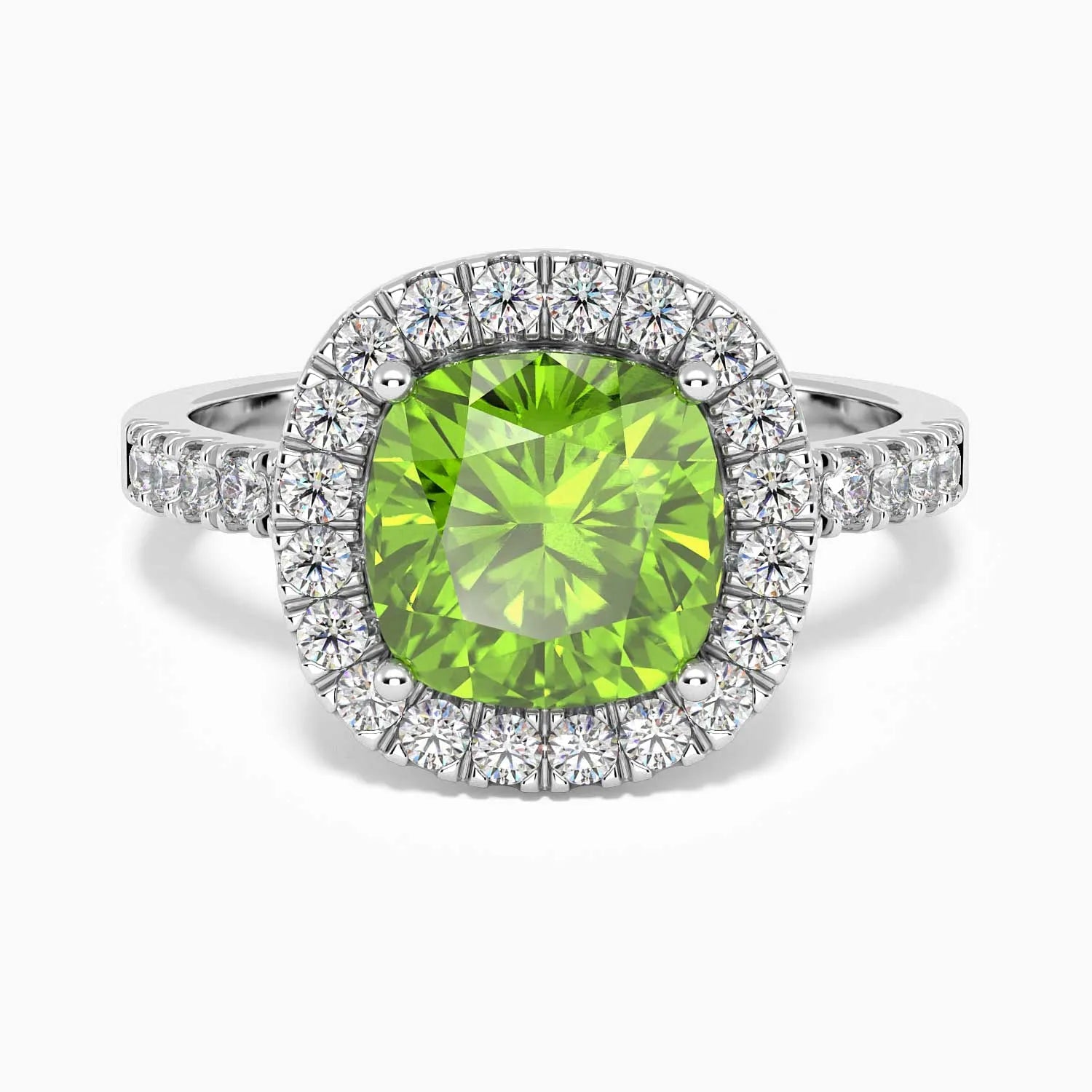 Cushion Cut Peridot Halo Ring in Sterling Silver, featuring a natural peridot gemstone with halo diamond alternatives surrounding the centerpiece.