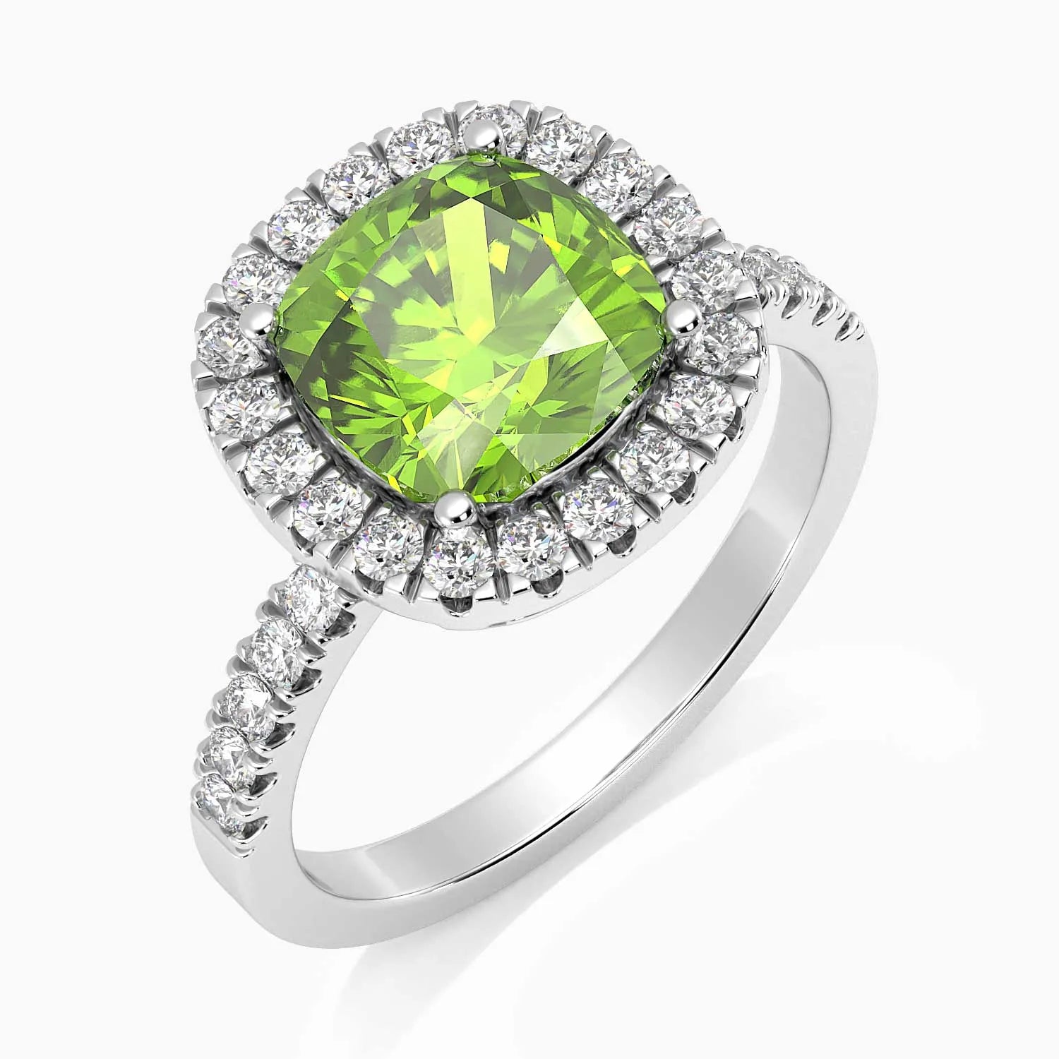 Close-up of Cushion Cut Peridot Ring in Sterling Silver, showing its sparkling halo design with brilliant diamond alternatives around a green peridot.