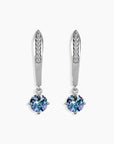 Elegant drop earrings with 6 mm round Alexandrite stones and slender silver bar set with accents