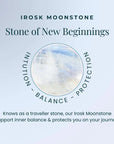Moonstone meaning card highlighting its symbolism of new beginnings, emotional clarity, and inner peace
