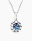 Alexandrite halo pendant necklace in sterling silver – 9 mm round-cut colour-changing gemstone with CZ border