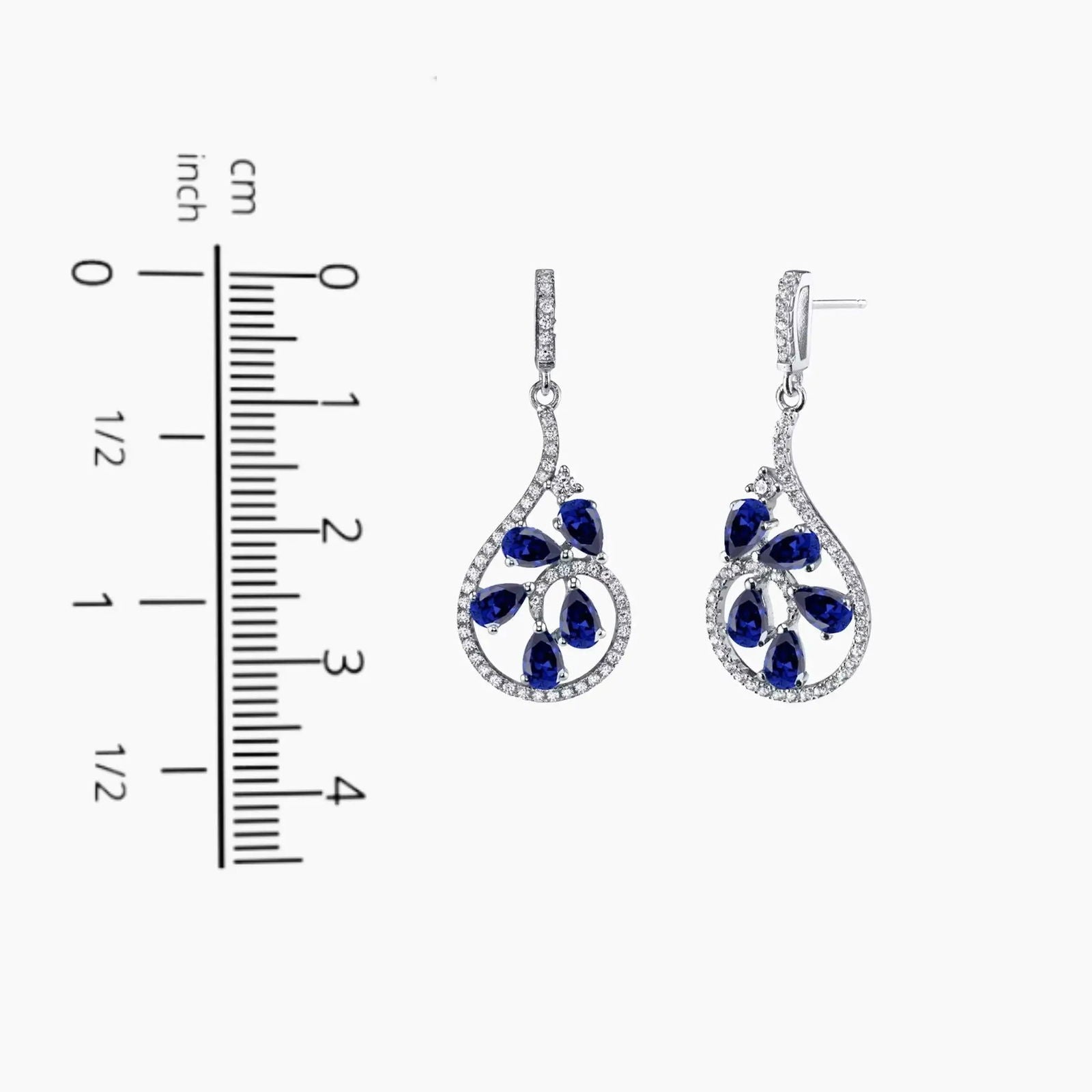 Elegant Drop Design Silver Sapphire Earrings Measuring 3.3 cm in Height, Showcasing Deep Blue Sapphires