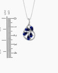 Size reference for teardrop sapphire pendant necklace showing pendant dimensions for accurate measurement and ideal necklace length.