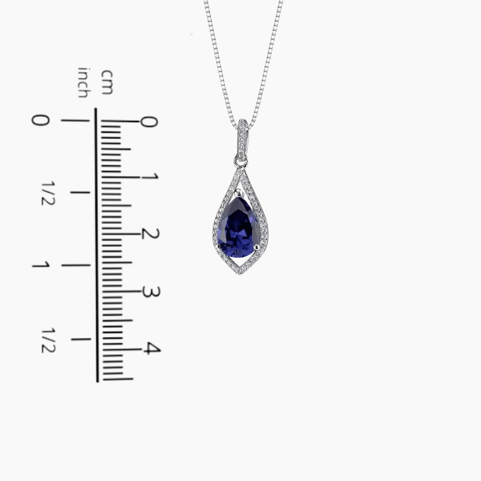 Size reference for pear-shaped sapphire necklace showing pendant dimensions for accurate scale, ideal for understanding necklace length and fit.