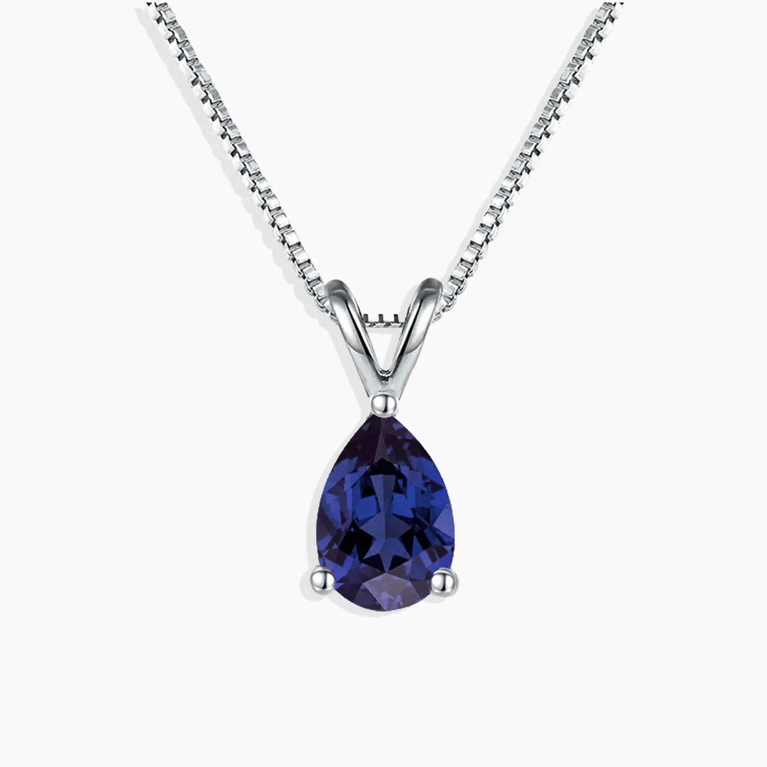 Pear Shaped Blue Sapphire Pendant Necklace in 925 Sterling Silver with Rhodium Plating