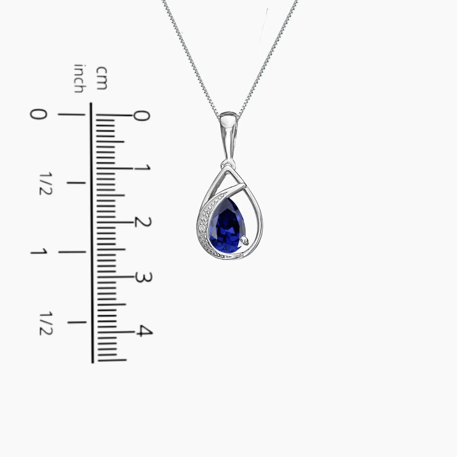 Size reference for sapphire teardrop necklace, displaying pendant dimensions for accurate measurement and ideal necklace length.
