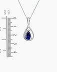 Size reference for sapphire teardrop necklace, displaying pendant dimensions for accurate measurement and ideal necklace length.
