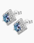 Alexandrite framed square stud earrings in sterling silver – 8 mm round gemstone with geometric setting
