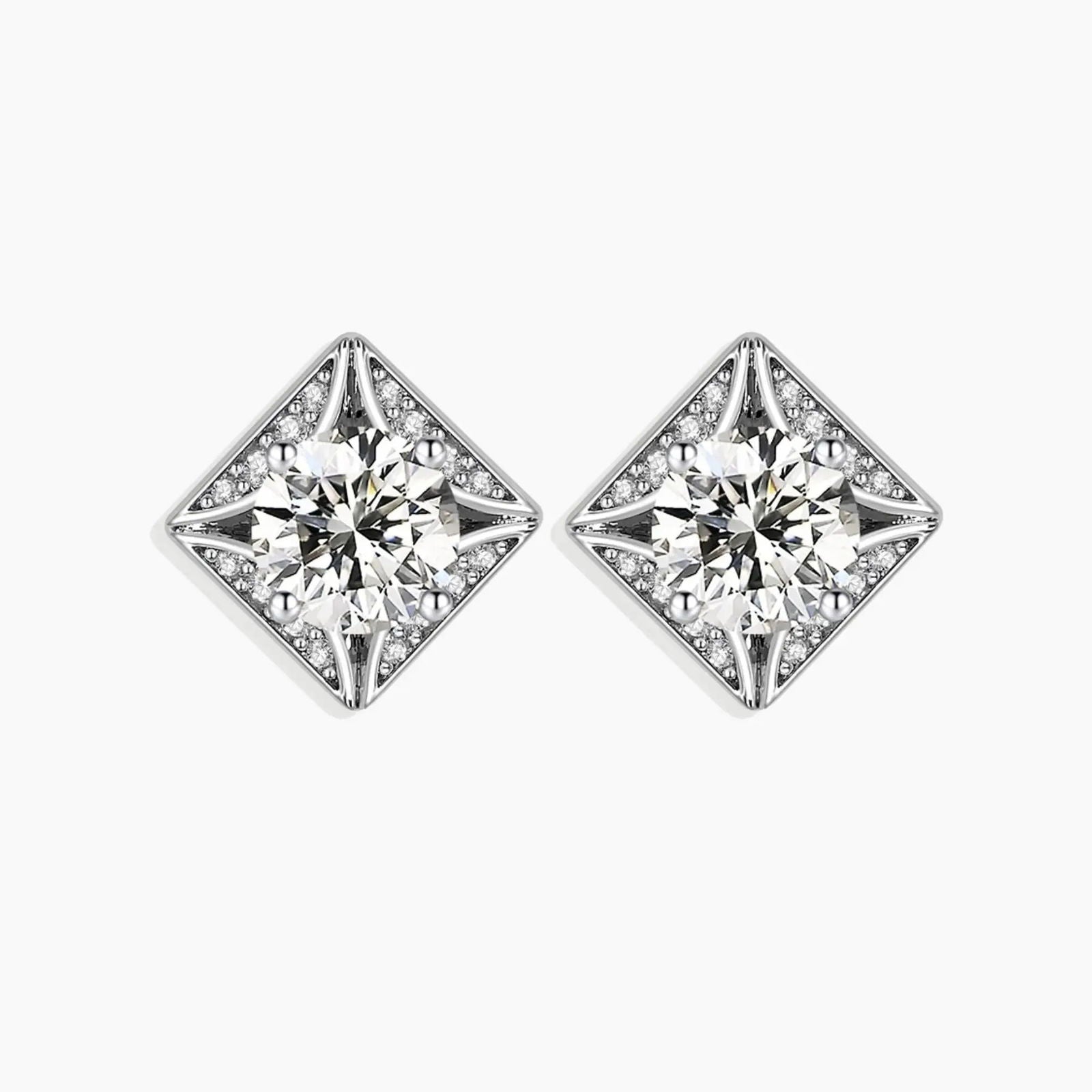 Pair of square sterling silver stud earrings with a round moissanite center and zirconia accents, displayed on a white background.