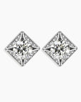 Pair of square sterling silver stud earrings with a round moissanite center and zirconia accents, displayed on a white background.